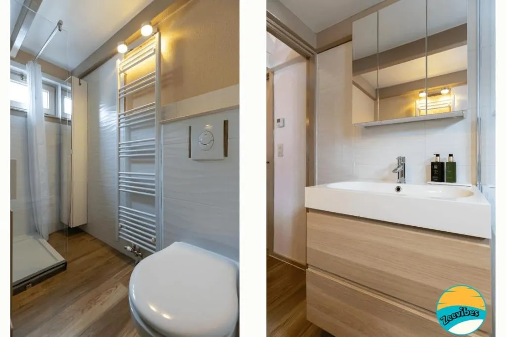 Badkamer met douche, handdoekradiator en een wastafel met spiegelkast