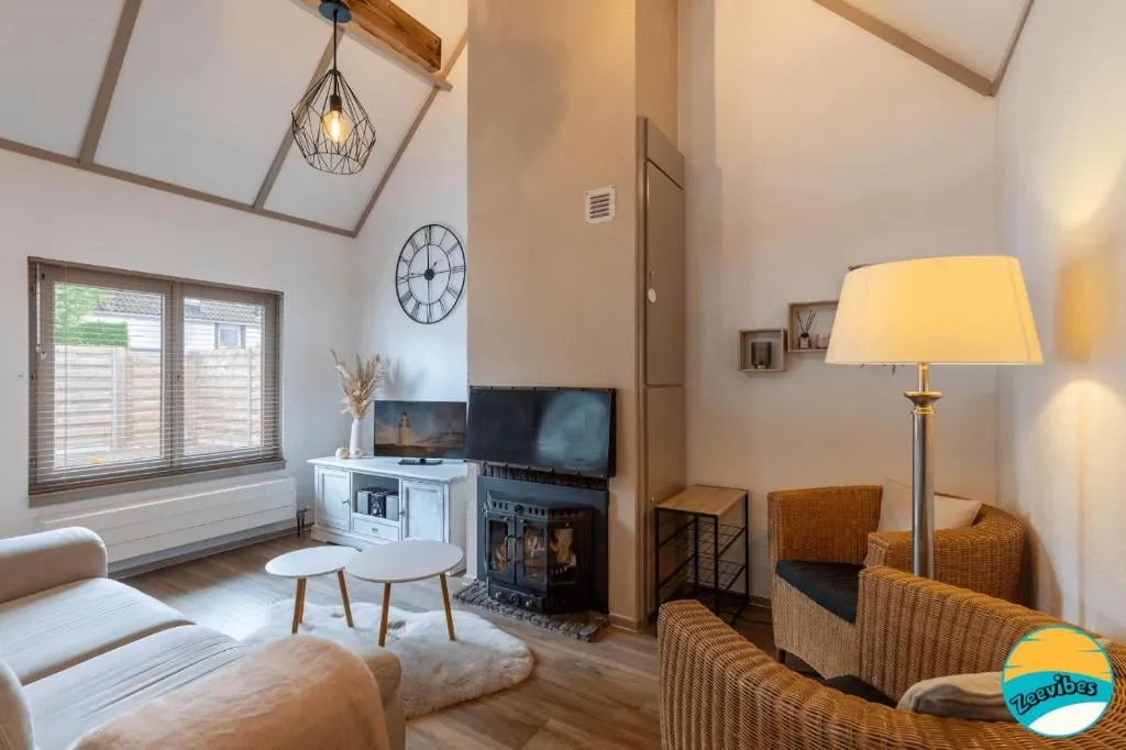 Woonkamer met een televisie, een houtkachel en een staande lamp