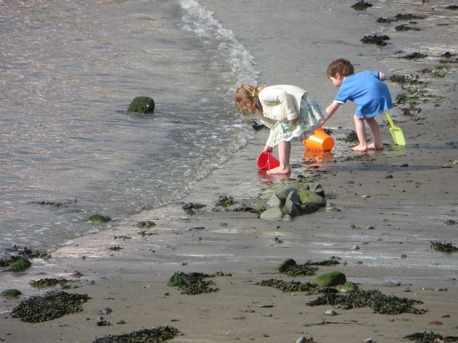 Twee kinderen spelen met emmertjes en schepjes aan de waterkant, op een strand met zeewier