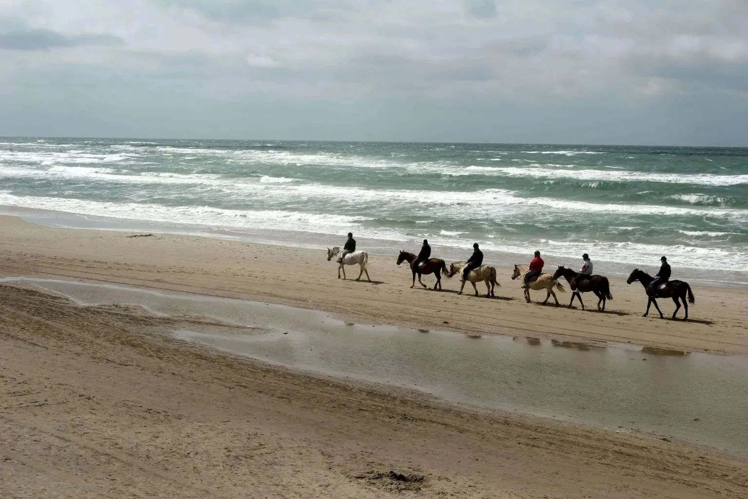 Een groepje ruiters te paard rijdt langs de branding op een breed strand onder een grijze lucht